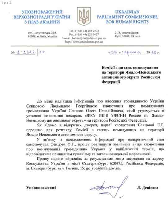 Обращение матери Сенцова о помиловании сына передали на рассмотрение спецкомиссии